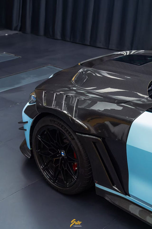 BMW M4 / M4C / M4CS G82 G83 2021-ON with Aftermarket Parts - ART Widebody Front Fenders Dry Pre-preg Carbon Fiber from ArmorExtend