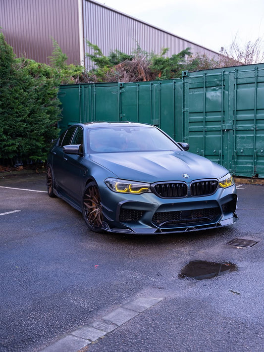 BMW M5 / M5C F90 Pre-LCI 2018 2019 2020 & M5 / M5C F90 LCI 2021 2022 2023 2024 With Aftermarket Parts - AE Lower Lip & Middle Lip Carbon Fiber from ArmorExtend