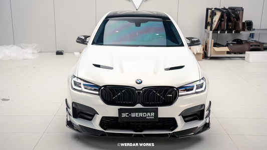 BMW M5 / M5C F90 Pre-LCI 2018 2019 2020 & M5 / M5C F90 LCI 2021 2022 2023 2024 With Aftermarket Parts - AE Lower Lip & Middle Lip Carbon Fiber from ArmorExtend