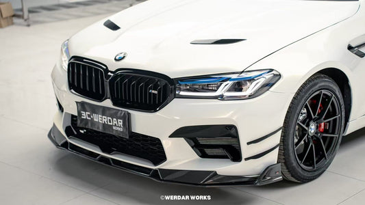 BMW M5 / M5C F90 Pre-LCI 2018 2019 2020 & M5 / M5C F90 LCI 2021 2022 2023 2024 With Aftermarket Parts - AE Lower Lip & Middle Lip Carbon Fiber from ArmorExtend