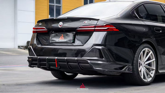 BMW i5 xDrive40 / eDrive40 (with M-package bumper, does not fit base mode) / M60 G60 G61 2024-ON & 5 Series 540i xDrive / 530i xDrive / 530i (with M-package bumper, does not fit base model) / 550e xDrive G60 G61 2024-ON with Aftermarket Parts - AE Design Rear Diffuser & Rear Canards Carbon Fiber from ArmorExtend