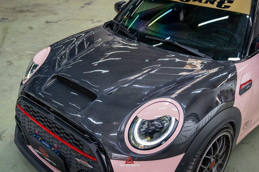 MINI Cooper JCW (John Cooper Works) F56 & Cooper (All Models) LCI 2022 2023 2024 with Aftermarket Parts - AE Style Hood Carbon Fiber from ArmorExtend