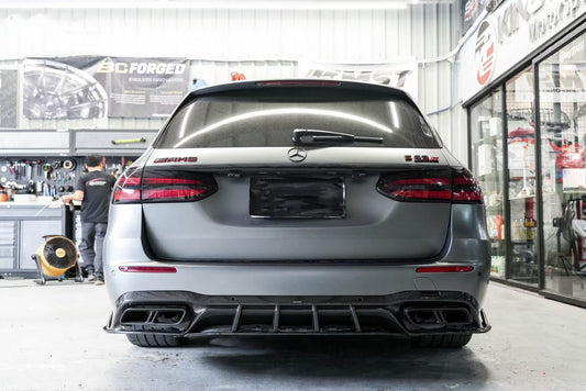 Mercedes Benz E-Class E350 E450 (with sport package bumper) W213 Facelift 2020 2021 2022 2023 2024 & E53 E63/S W213 Facelift 2020 2021 2022 2023 2024 with Aftermarket Parts - AE Rear Diffuser Carbon Fiber from ArmorExtend