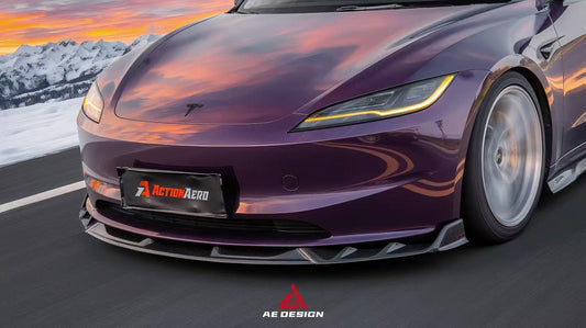 Tesla Model 3 Highland 2024-ON with Aftermarket Parts - V2 Front Lip Dry Pre-preg Carbon Fiber from ArmorExtend