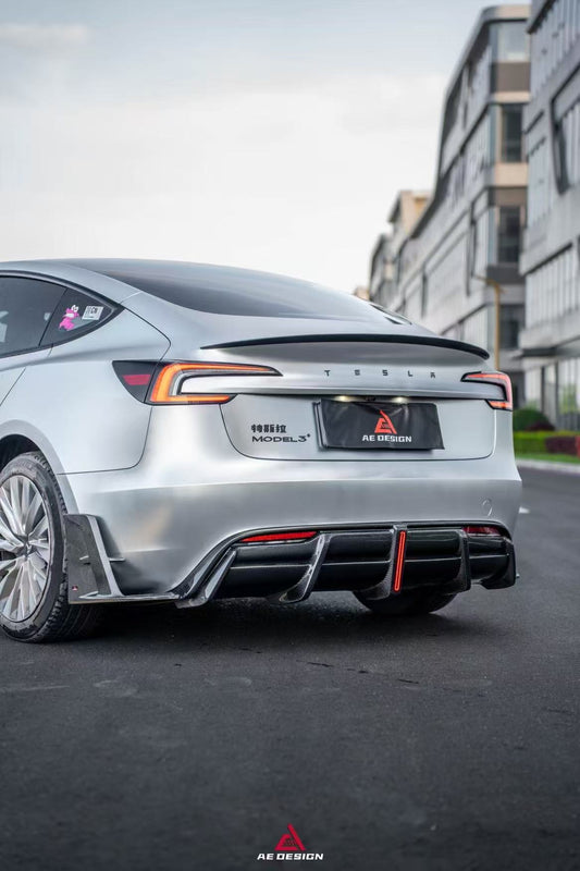 Tesla Model 3 Highland / Performance 2024-ON with Aftermarket Parts - AE Style Rear Diffuser & Canards Carbon Fiber from ArmorExtend