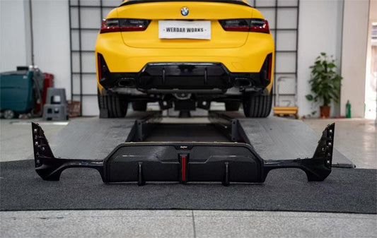 BMW 3 Series 330i (with M-package bumper, does not fit base model) M340i G20 G21 LCI 2023 2024 with Aftermarket Parts - Rear Diffuser Pre-preg Carbon Fiber from BCTXE Tuning