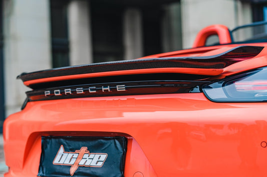 Porsche 718 Boxster Base S T GTS 2017-ON with Aftermarket Parts - Rear Lip Spoiler V2 Pre-preg Carbon Fiber from BCTXE Tuning