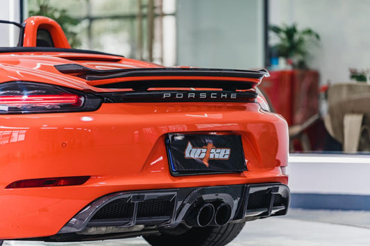 Porsche 718 Boxster Base S T GTS 2017-ON with Aftermarket Parts - Rear Lip Spoiler V2 Pre-preg Carbon Fiber from BCTXE Tuning