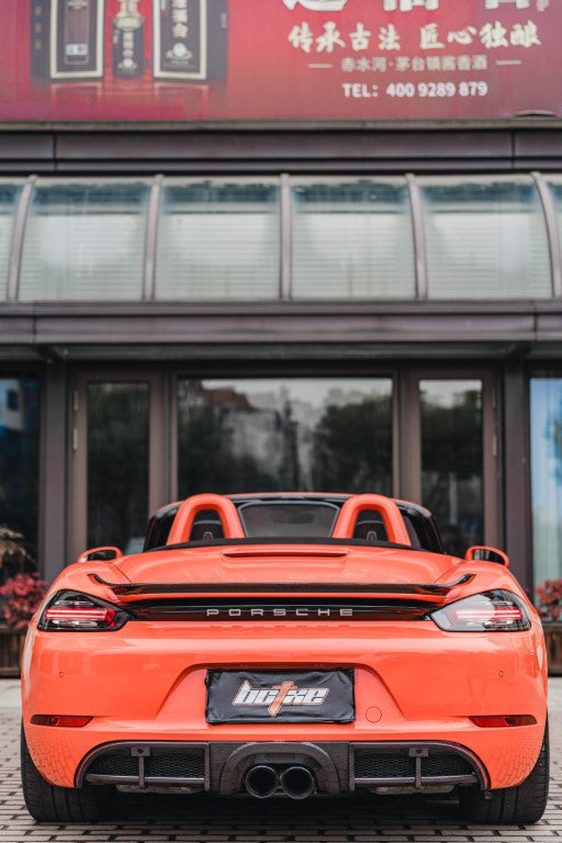 Porsche 718 Boxster Base S T GTS 2017-ON with Aftermarket Parts - Rear Lip Spoiler V2 Pre-preg Carbon Fiber from BCTXE Tuning