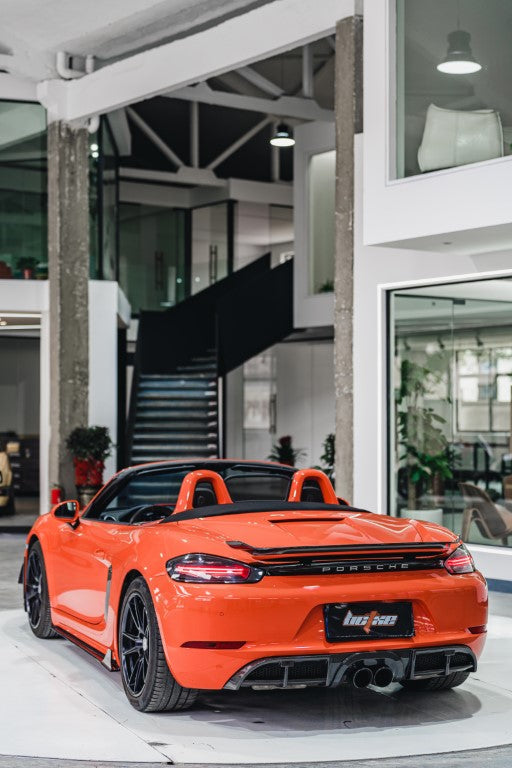 Porsche 718 Boxster Base S T GTS 2017-ON with Aftermarket Parts - Rear Lip Spoiler V2 Pre-preg Carbon Fiber from BCTXE Tuning