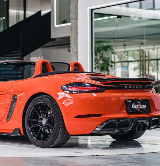 Porsche 718 Boxster Base S T GTS 2017-ON with Aftermarket Parts - Rear Lip Spoiler V2 Pre-preg Carbon Fiber from BCTXE Tuning