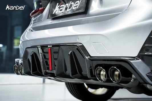 BMW 3 Series 330i (with M-package bumper, does not fit base model) M340i G20 G21 LCI 2023 2024 with Aftermarket Parts - V2 Style Diffuser & Canards Pre-preg Carbon Fiber from Karbel Carbon