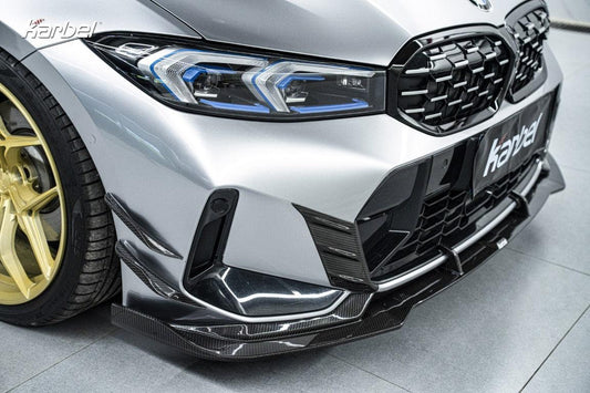 BMW 3 Series 330i (with M-package bumper, does not fit base model) M340i G20 G21 LCI 2023 2024 with Aftermarket Parts - V2 Style Front Lip Pre-preg Carbon Fiber from Karbel Carbon