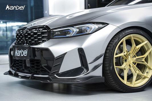 BMW 3 Series 330i (with M-package bumper, does not fit base model) M340i G20 G21 LCI 2023 2024 with Aftermarket Parts - V2 Style Front Canards Pre-preg Carbon Fiber from Karbel Carbon