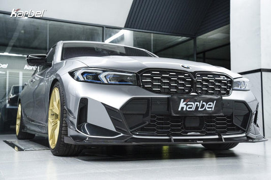 BMW 3 Series 330i (with M-package bumper, does not fit base model) M340i G20 G21 LCI 2023 2024 with Aftermarket Parts - V2 Style Front Lip Pre-preg Carbon Fiber from Karbel Carbon
