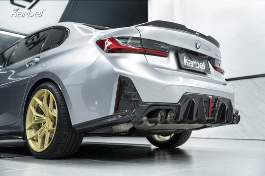 BMW 3 Series 330i (with M-package bumper, does not fit base model) M340i G20 G21 LCI 2023 2024 with Aftermarket Parts - V2 Style Diffuser & Canards Pre-preg Carbon Fiber from Karbel Carbon