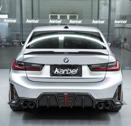 BMW 3 Series 330i (with M-package bumper, does not fit base model) M340i G20 G21 LCI 2023 2024 with Aftermarket Parts - V2 Style Diffuser & Canards Pre-preg Carbon Fiber from Karbel Carbon