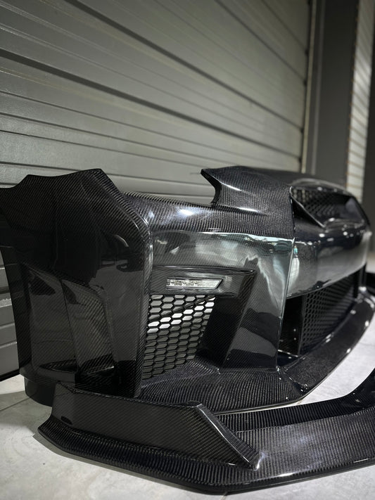 Nissan GTR Nismo Black Edition Track Eidtion Premium Base 2008-2016 (for installation on 2017-2024 vehicles, 2008-2016 hood is recommended) with Aftermarket Parts - Stage 1 Style Front Bumper & Lip (Undertray & DRL included) Carbon Fiber / FRP from CMST Tuning