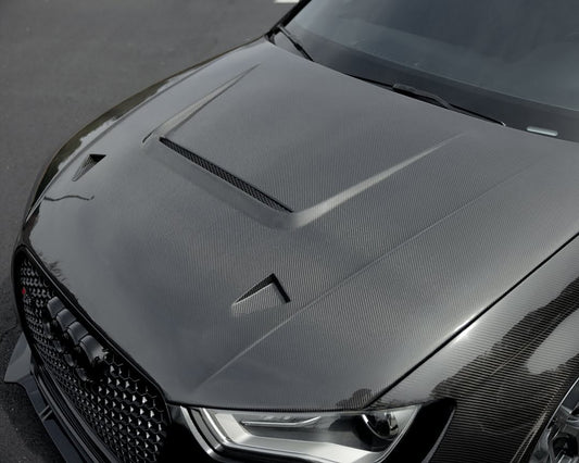 Audi RS3 S3 A3 8V / 8V.5 2014 2015 2016 2017 2018 2019 2020 with Aftermarket Parts - V4 Hood Bonnet Carbon Fiber / FRP from CMST Tuning