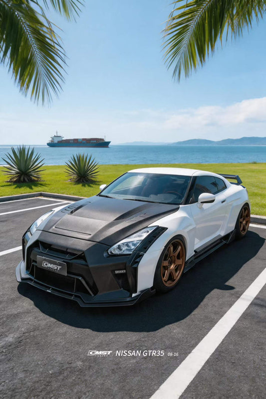 Nissan GTR R35 CBA DBA EBA 2008-2024 with Aftermarket Parts - HORIZON Narrow body & Widebody Front Lip Carbon Fiber / FRP from CMST Tuning