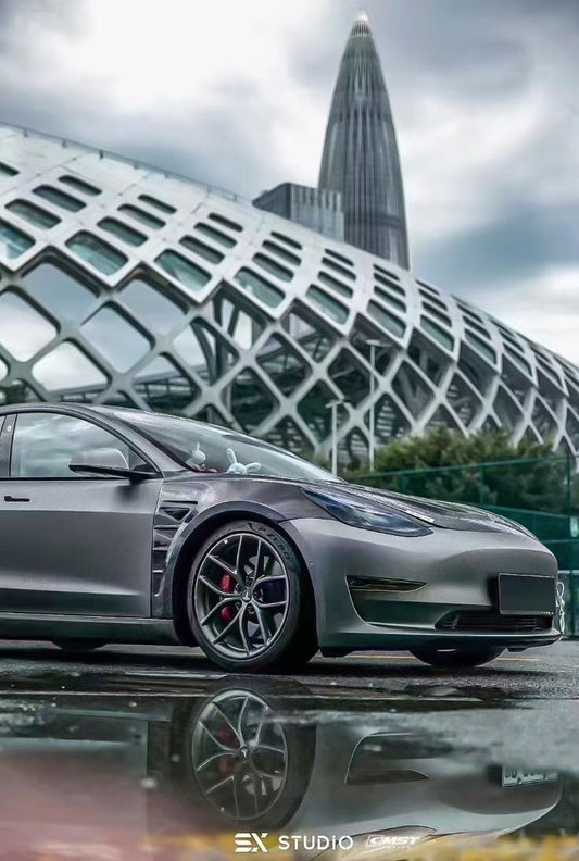 Tesla Model 3 Performance Long Range Standard Base 2017-2023 with Aftermarket Parts - Front Fenders Carbon Fiber / FRP from CMST Tuning