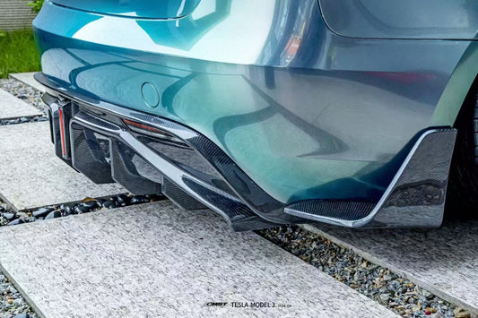 Tesla Model 3 Highland / Performance with 2024-ON Aftermarket Parts - V2 Style Rear Diffuser & Canards Carbon Fiber from CMST Tuning