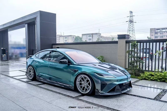 Tesla Model 3 Highland 2024-ON with Aftermarket Parts - Horizon Style Front Bumper & Lip Carbon Fiber / FRP from CMST Tuning