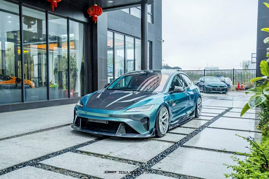Tesla Model 3 Highland 2024-ON with Aftermarket Parts - Horizon Style Front Bumper & Lip Carbon Fiber / FRP from CMST Tuning