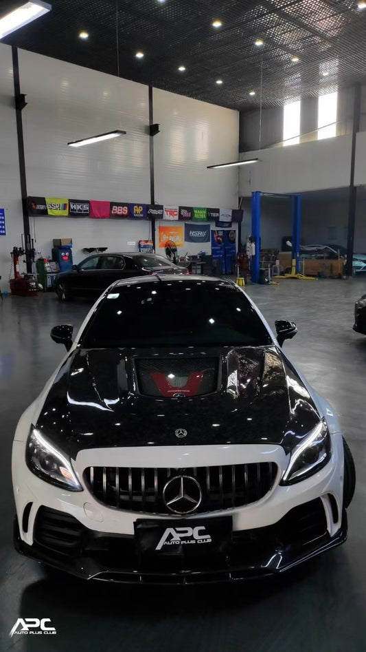 Mercedes BenzC-Class C43 C400 C300 W205 2015-2021 Sedan & C-Class C43 C300 W205 2016-2022 Coupe Convertible (suitable for both pre-facelift and facelift) with Aftermarket Parts - V2 Clearview Glass Style Hood Carbon Fiber / FRP from CMST Tuning