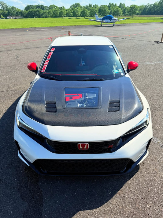 Honda Civic Type-R FL5 2023 2024 with Aftermarket Parts - V2 Clearview Glass Hood Bonnet Carbon Fiber / FRP from CMST Tuning