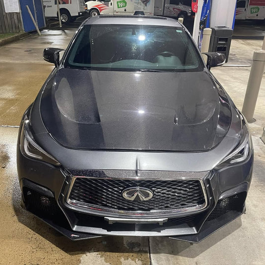 Infiniti Q60 Red Sport 400 Premium Luxe Sport Pure 2017 2018 2019 2020 2021 2022 with Aftermarket Parts - Project Black S Concept Front Bumper & Lip Carbon Fiber / FRP from CMST Tuning