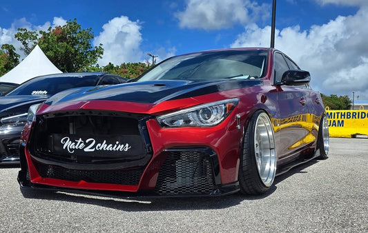 Infiniti Q60 Red Sport 400 Premium Luxe Sport Pure 2017 2018 2019 2020 2021 2022 with Aftermarket Parts - Project Black S Concept Front Bumper & Lip Carbon Fiber / FRP from CMST Tuning
