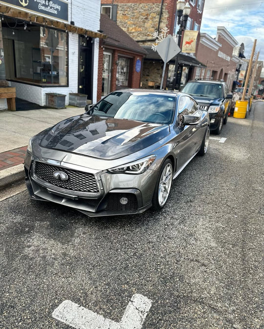 Infiniti Q60 Red Sport 400 Premium Luxe Sport Pure 2017 2018 2019 2020 2021 2022 with Aftermarket Parts - Project Black S Concept Front Bumper & Lip Carbon Fiber / FRP from CMST Tuning