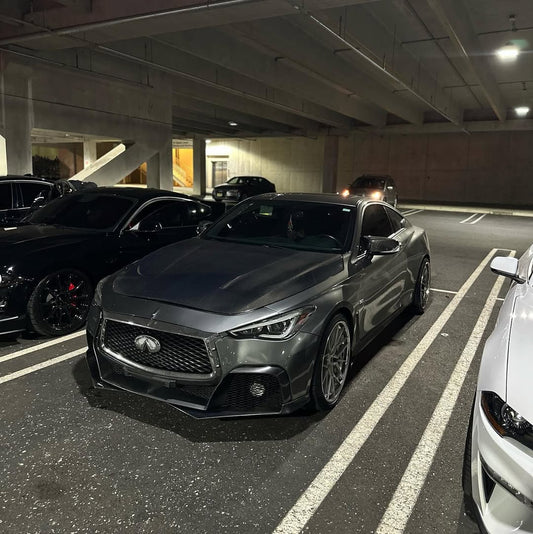 Infiniti Q60 Red Sport 400 Premium Luxe Sport Pure 2017 2018 2019 2020 2021 2022 with Aftermarket Parts - Project Black S Concept Front Bumper & Lip Carbon Fiber / FRP from CMST Tuning