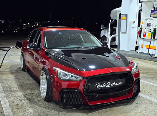 Infiniti Q60 Red Sport 400 Premium Luxe Sport Pure 2017 2018 2019 2020 2021 2022 with Aftermarket Parts - Project Black S Concept Front Bumper & Lip Carbon Fiber / FRP from CMST Tuning