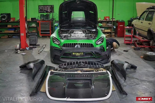 Mercedes Benz AMG GT GTS GTC C190 2016-2021 (designed to work with CMST Black Series Style Front Fenders, corner small lips would need to be shaved off for fitment with OEM fenders, 3 point star not included) with Aftermarket Parts - Front Bumper Set Carbon Fiber / FRP from CMST Tuning