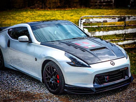 Nissan 370Z Nismo Sport Touring Base Fairlady Z Z34 2009 2010 2011 2012 2013 2014 2015 2016 2017 2018 2019 2020 with Aftermarket Parts - V1 Glass Clearview Hood Bonnet Carbon Fiber / FRP from CMST Tuning