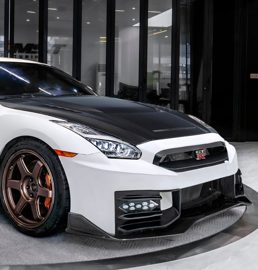 Nissan GTR R35 CBA DBA EBA 2008 2009 2010 2011 2012 2013 2014 2015 2016 2017 2018 2019 2020 2021 2022 2023 2024 (for installation on 2008-2016 vehicles, 2017-2024 hood is recommended) with Aftermarket Parts - 2024 NISMO Style Front Bumper & Lip & Undertray Carbon Fiber / FRP from CMST Tuning