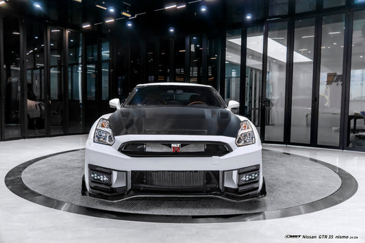 Nissan GTR R35 CBA DBA EBA 2008 2009 2010 2011 2012 2013 2014 2015 2016 2017 2018 2019 2020 2021 2022 2023 2024 (for installation on 2008-2016 vehicles, 2017-2024 hood is recommended) with Aftermarket Parts - 2024 NISMO Style Front Bumper & Lip & Undertray Carbon Fiber / FRP from CMST Tuning