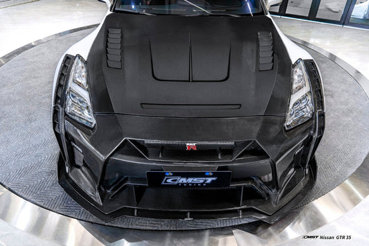 Nissan GTR R35 CBA DBA EBA 2008 2009 2010 2011 2012 2013 2014 2015 2016 2017 2018 2019 2020 2021 2022 2023 2024 (for installation on 2017-2024 vehicles, 2008-2016 hood is recommended) with Aftermarket Parts - HORIZON Front Bumper & Undertray Carbon Fiber / FRP from CMST Tuning