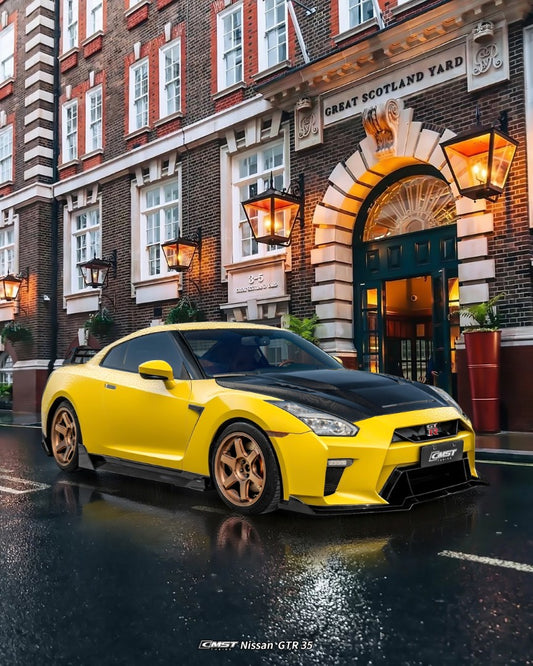 Nissan GTR R35 CBA DBA EBA 2008 2009 2010 2011 2012 2013 2014 2015 2016 2017 2018 2019 2020 2021 2022 2023 2024 (for installation on 2017-2024 vehicles, 2008-2016 hood is recommended) with Aftermarket Parts - HORIZON Front Bumper & Undertray Carbon Fiber / FRP from CMST Tuning