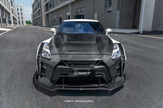 Nissan GTR R35 CBA DBA EBA 2008 2009 2010 2011 2012 2013 2014 2015 2016 2017 2018 2019 2020 2021 2022 2023 2024(for installation on 2017-2024 vehicles, 2008-2016 bumper is recommended) with Aftermarket Parts - V5 Hood Carbon Fiber / FRP from CMST Tuning
