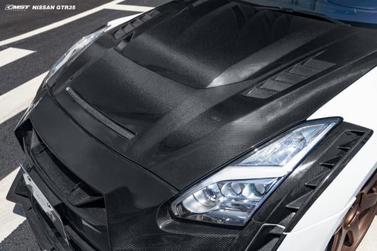 Nissan GTR R35 CBA DBA EBA 2008 2009 2010 2011 2012 2013 2014 2015 2016 2017 2018 2019 2020 2021 2022 2023 2024(for installation on 2017-2024 vehicles, 2008-2016 bumper is recommended) with Aftermarket Parts - V5 Hood Carbon Fiber / FRP from CMST Tuning