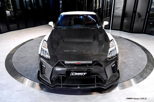 Nissan GTR R35 CBA DBA EBA 2008 2009 2010 2011 2012 2013 2014 2015 2016 2017 2018 2019 2020 2021 2022 2023 2024(for installation on 2017-2024 vehicles, 2008-2016 bumper is recommended) with Aftermarket Parts - V5 Hood Carbon Fiber / FRP from CMST Tuning