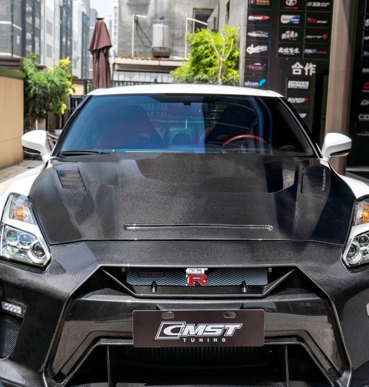Nissan GTR R35 CBA DBA EBA 2008 2009 2010 2011 2012 2013 2014 2015 2016 2017 2018 2019 2020 2021 2022 2023 2024(for installation on 2017-2024 vehicles, 2008-2016 bumper is recommended) with Aftermarket Parts - V5 Hood Carbon Fiber / FRP from CMST Tuning