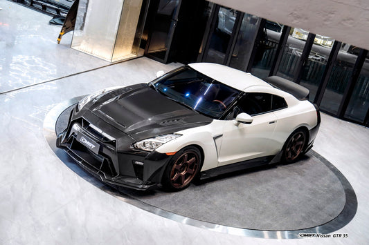 Nissan GTR R35 CBA DBA EBA 2008 2009 2010 2011 2012 2013 2014 2015 2016 2017 2018 2019 2020 2021 2022 2023 2024(for installation on 2017-2024 vehicles, 2008-2016 bumper is recommended) with Aftermarket Parts - V5 Hood Carbon Fiber / FRP from CMST Tuning