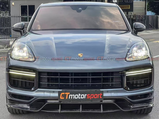 Porsche Cayenne 9Y0 9Y0.1 Base/S/Turbo/Turbo S 2019 2020 2021 2022 2023 & Cayenne 9Y3 9Y3.1 Base/S/Turbo/Turbo S 2019 2020 2021 2022 2023 (fitment suitable for Base/S with sport design package bumpers) with Aftermarket Parts - Front Lip Vacuumed Carbon / FRP from CMST Tuning