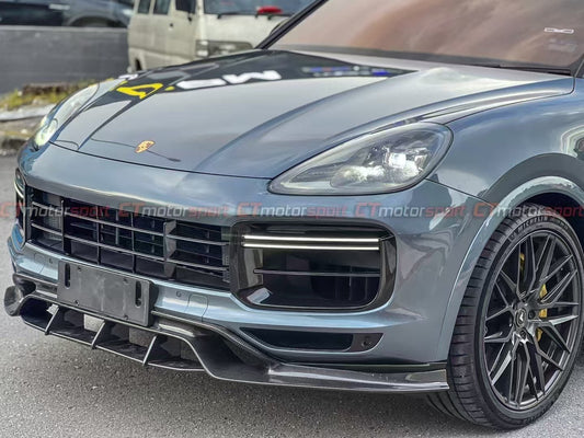 Porsche Cayenne 9Y0 9Y0.1 Base/S/Turbo/Turbo S 2019 2020 2021 2022 2023 & Cayenne 9Y3 9Y3.1 Base/S/Turbo/Turbo S 2019 2020 2021 2022 2023 (fitment suitable for Base/S with sport design package bumpers) with Aftermarket Parts - Front Lip Vacuumed Carbon / FRP from CMST Tuning