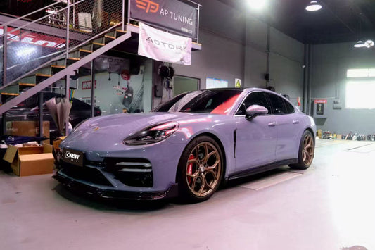 Porsche Panamera 971.2 Turbo/Turbo S 2021 2022 2023 (not all Turbo S has the same bumper, please make sure you have the same bumper as pictured) with Aftermarket Parts - Front Lip Splitter Pre-preg Carbon Fiber / FRP from CMST Tuning