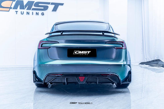 Tesla Model 3 Highland / Performance 2024-ON with Aftermarket Parts - V1 Style Rear Diffuser & Canards Carbon Fiber from CMST Tuning
